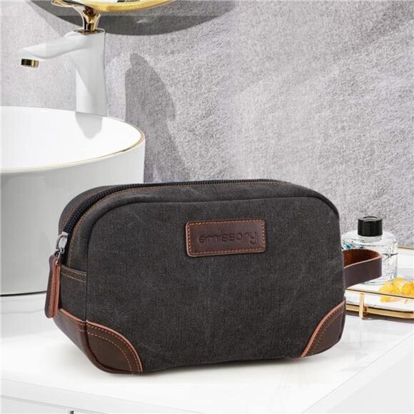 Men's Toiletry Bag, Leather and Canvas Travel Toiletry Bag, Dopp Kit for Men - Picture 4 of 6